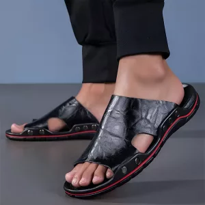 men slippers, black slippers, summer slippers, leather slippers, open toe slippers