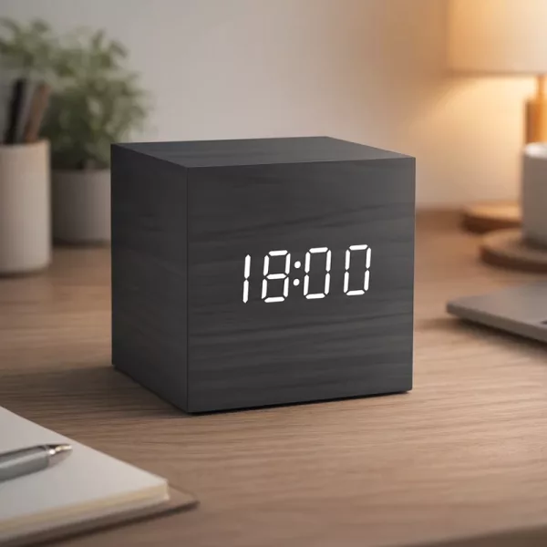 wooden digital clock, clock with thermometer