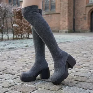over knee sock boots, knee high boot socks, platform boots, chunky heel boots