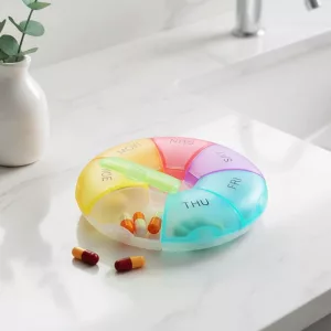 pill organizer, pill box, pill container, pill case, weekly pill organizer, travel pill case, round pill organizer